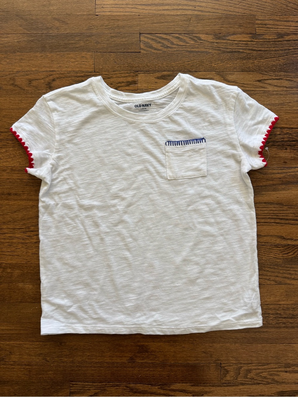 Old Navy White Short-Sleeve Tee with Red Trim and Blue Pocket Stitch